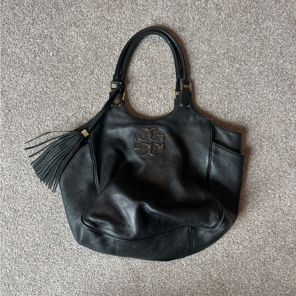 Tory Burch Solid Leather Black Leather Tote Bag - Picture 5 of 5